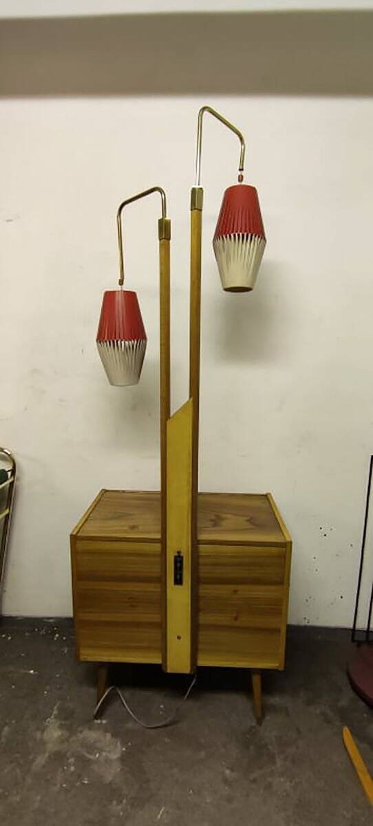 Brown walnut cocktail cabinet with integrated lamp holders and 2 lampshades, 1950s