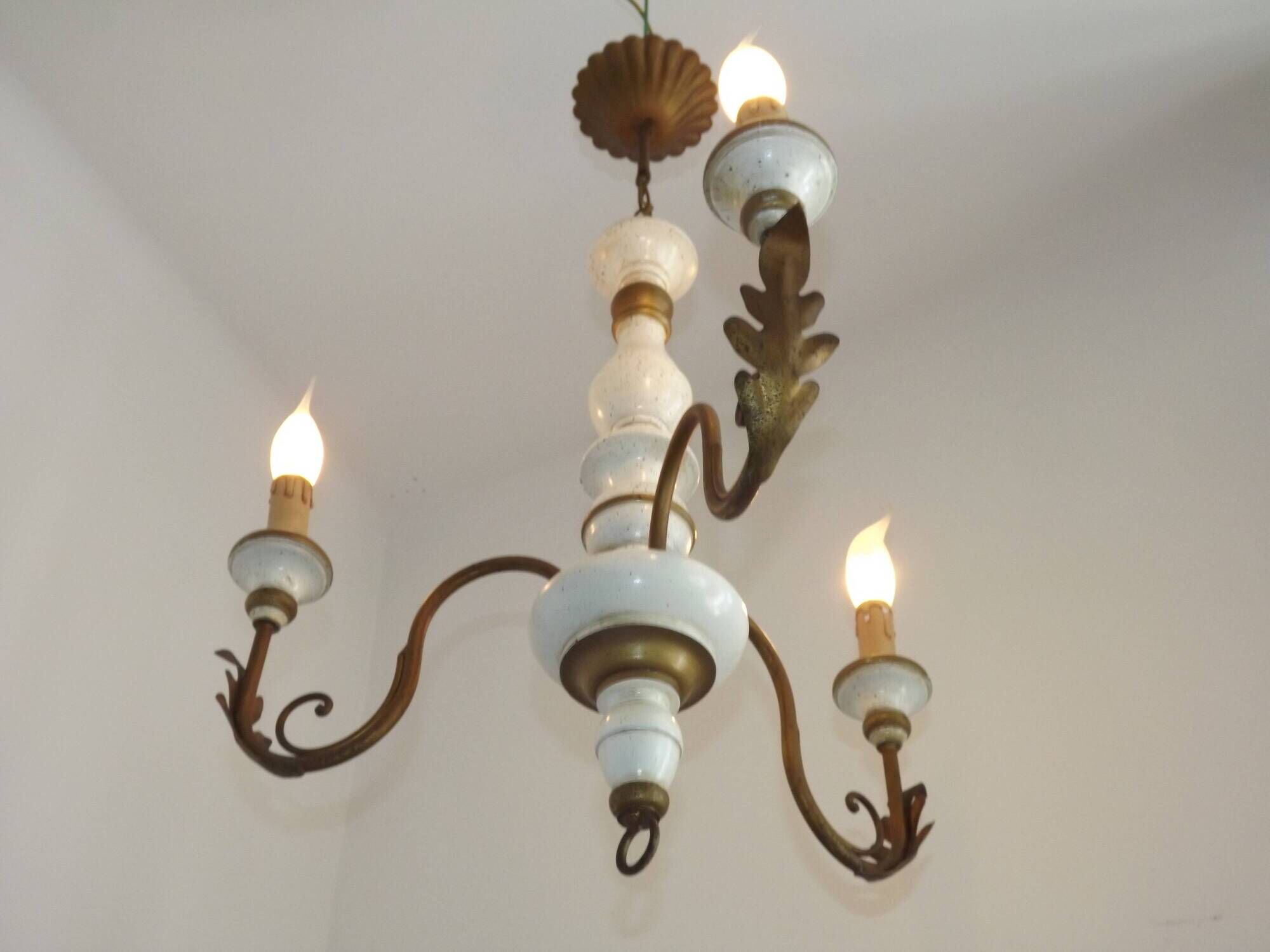 Vintage French 3-Light Chandelier White Wood & Bronzed Effect Metal