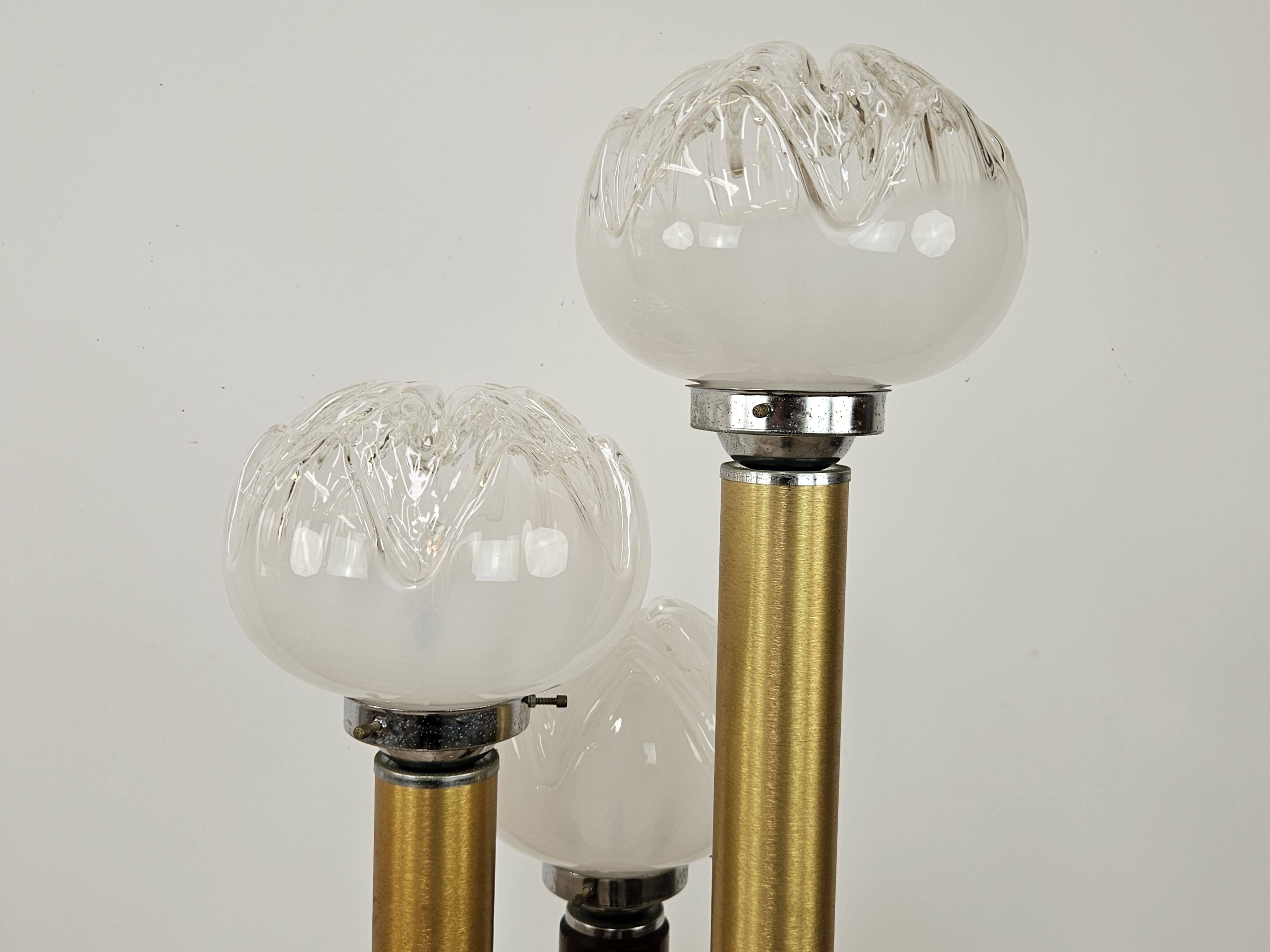 Mid-Century Murano Glass Floor Lamp in Wood and Metal with 3 Light Points