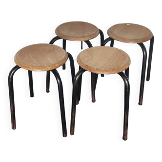 Set of 4 metal and wood school stools