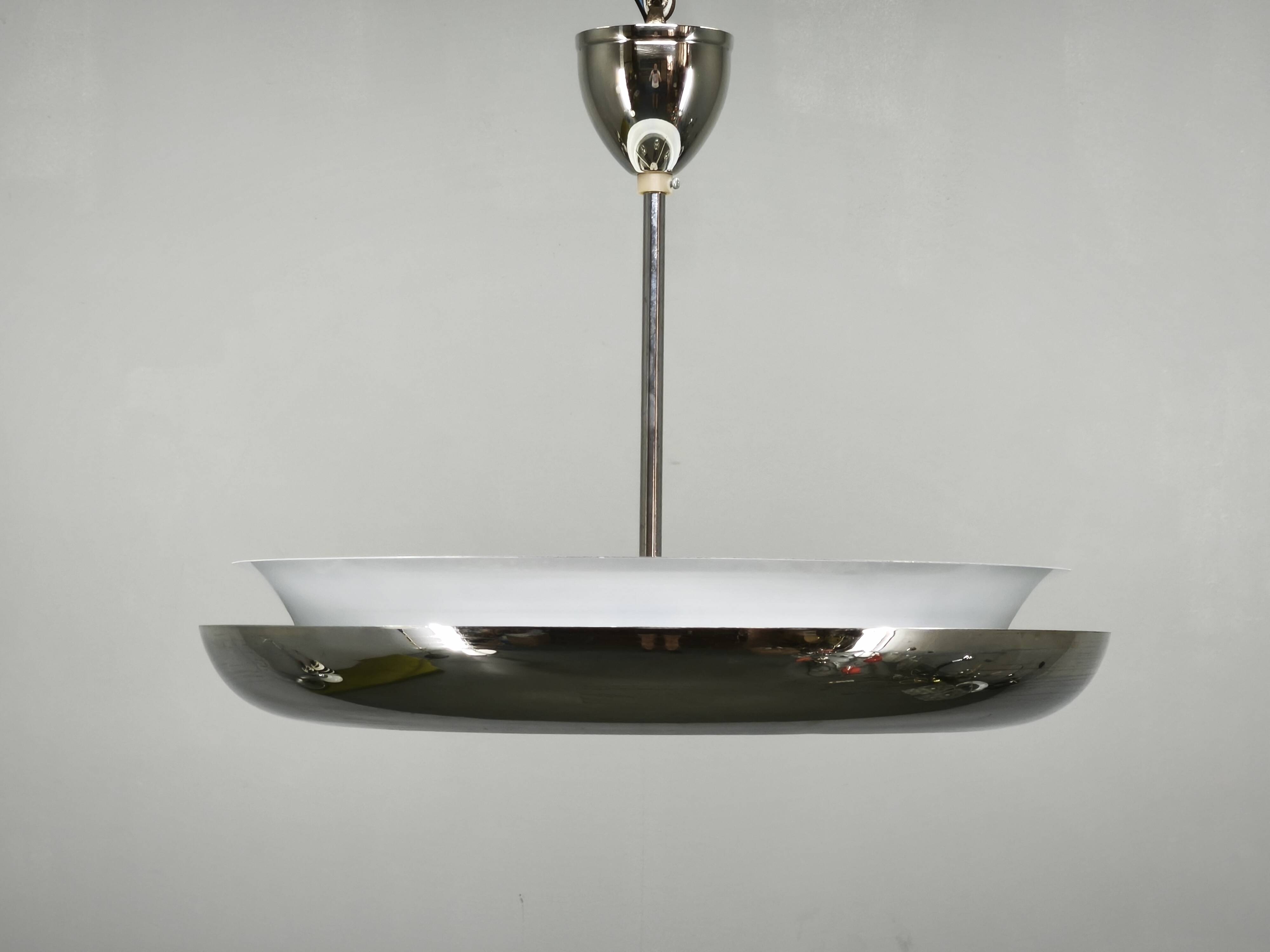 1930s Bauhaus UFO Chrome and Glass Pendant Light, Czechoslovakia