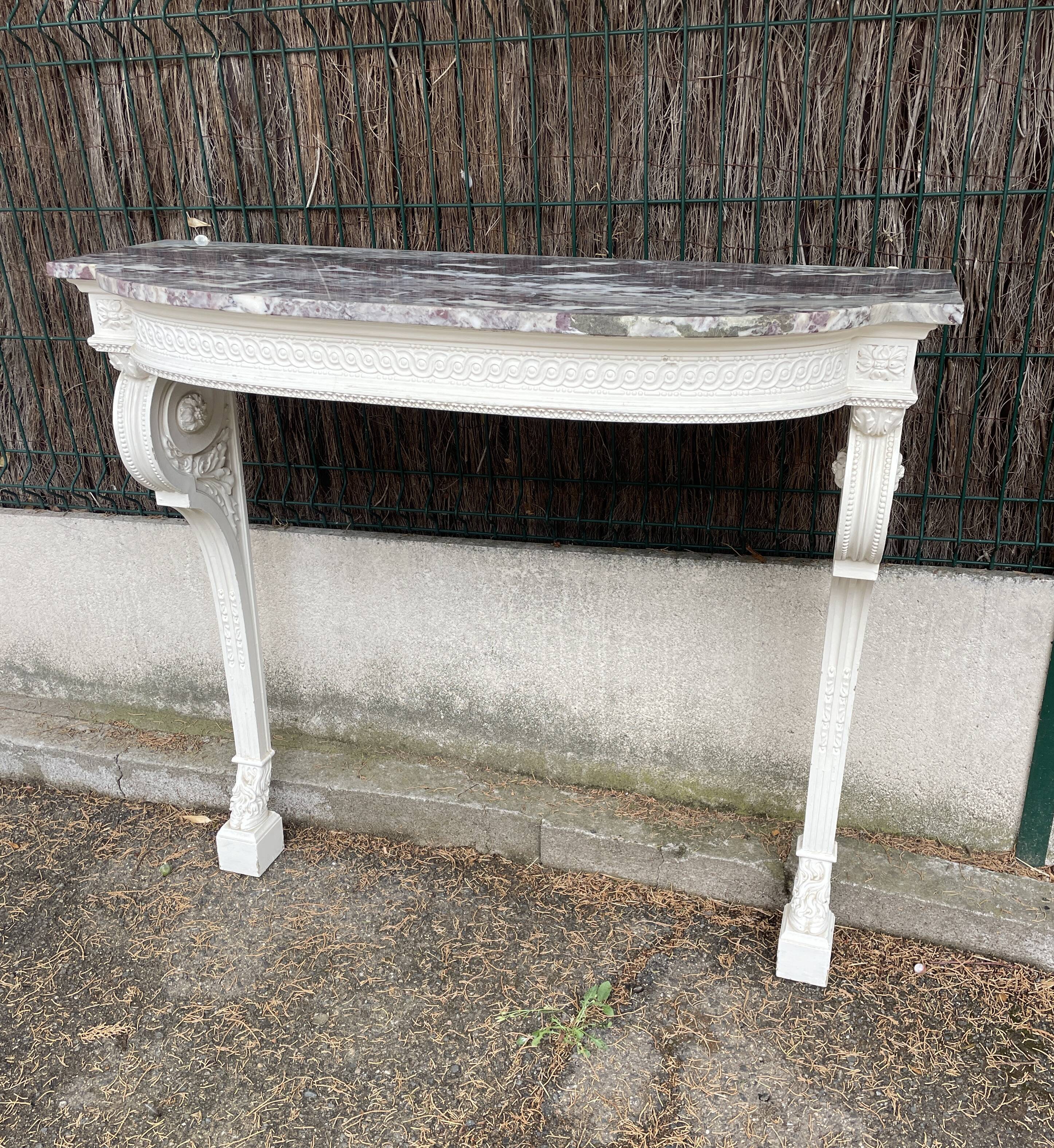 Painted wooden wall console with doe legs and interlacing. Louis XVI. Peach blossom marble