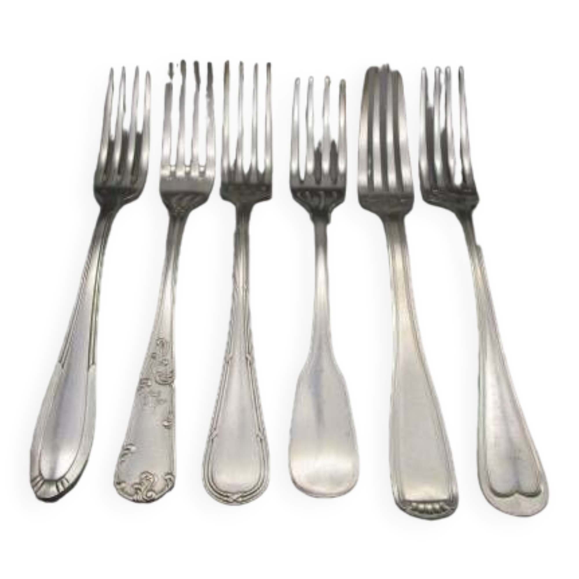 6 mismatched old silver metal forks for a chic table