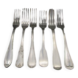 6 mismatched old silver metal forks for a chic table
