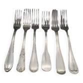 6 mismatched old silver metal forks for a chic table