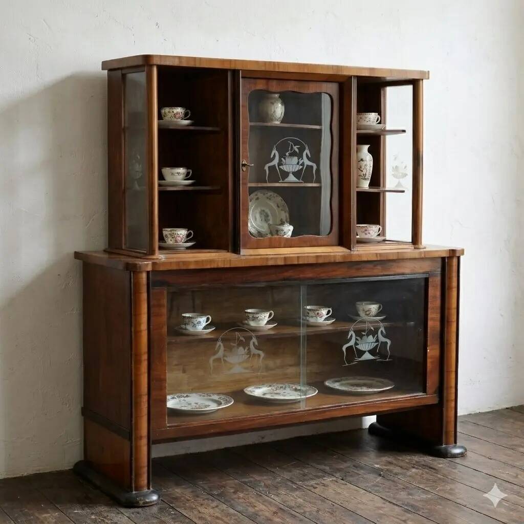Vintage display cabinet from the 1920s-30s in walnut, Italy.