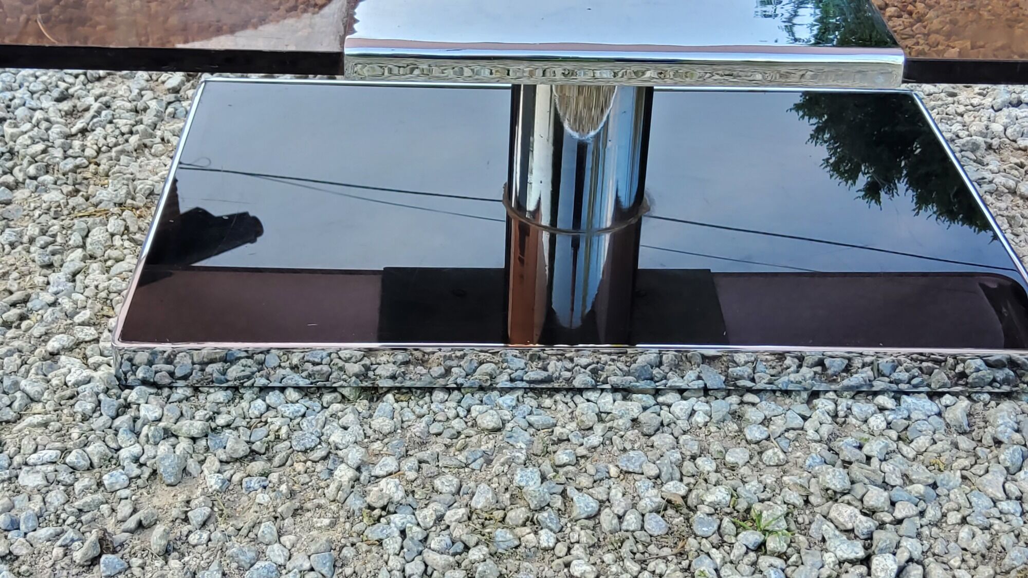 Coffee table from the 70s in chromed steel and smoked plexiglass double swivel trays