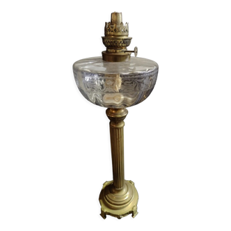 Lampe colonne corinthienne laiton bronze toupie cristal gravé 19ème