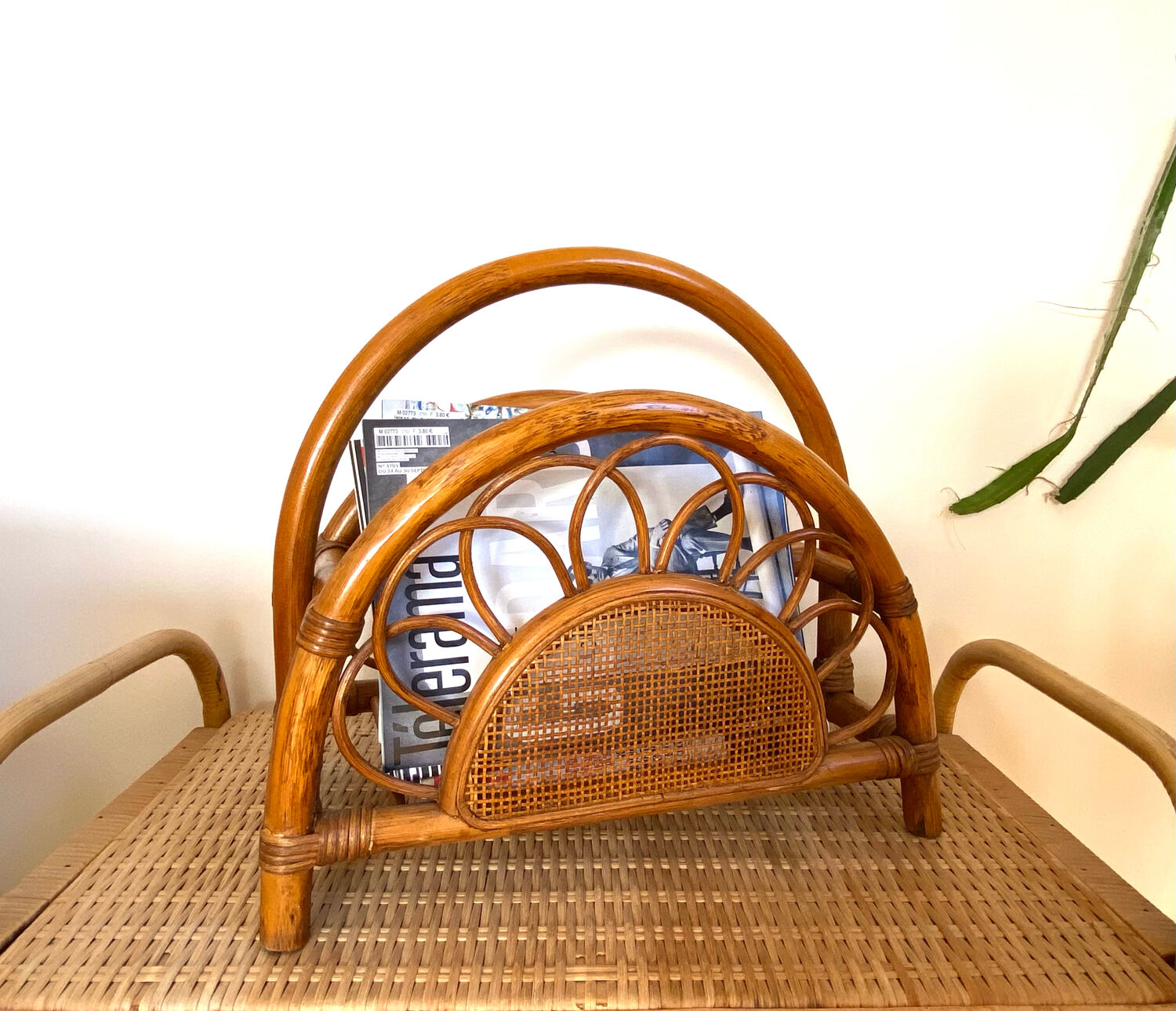 Rattan and bamboo magazine holder from the 70s