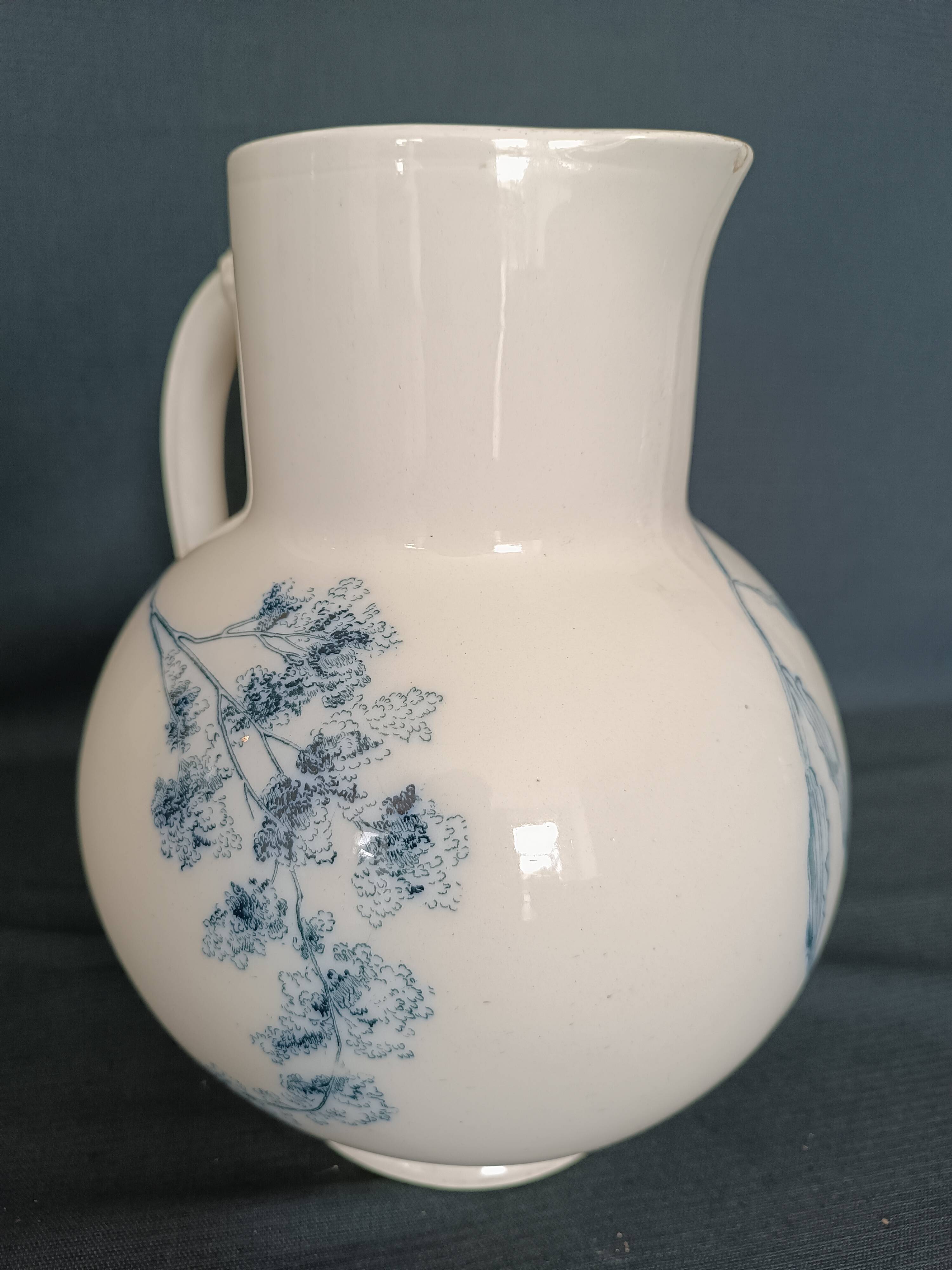 Pitcher jug vase earthenware floral decor blue early 20th century