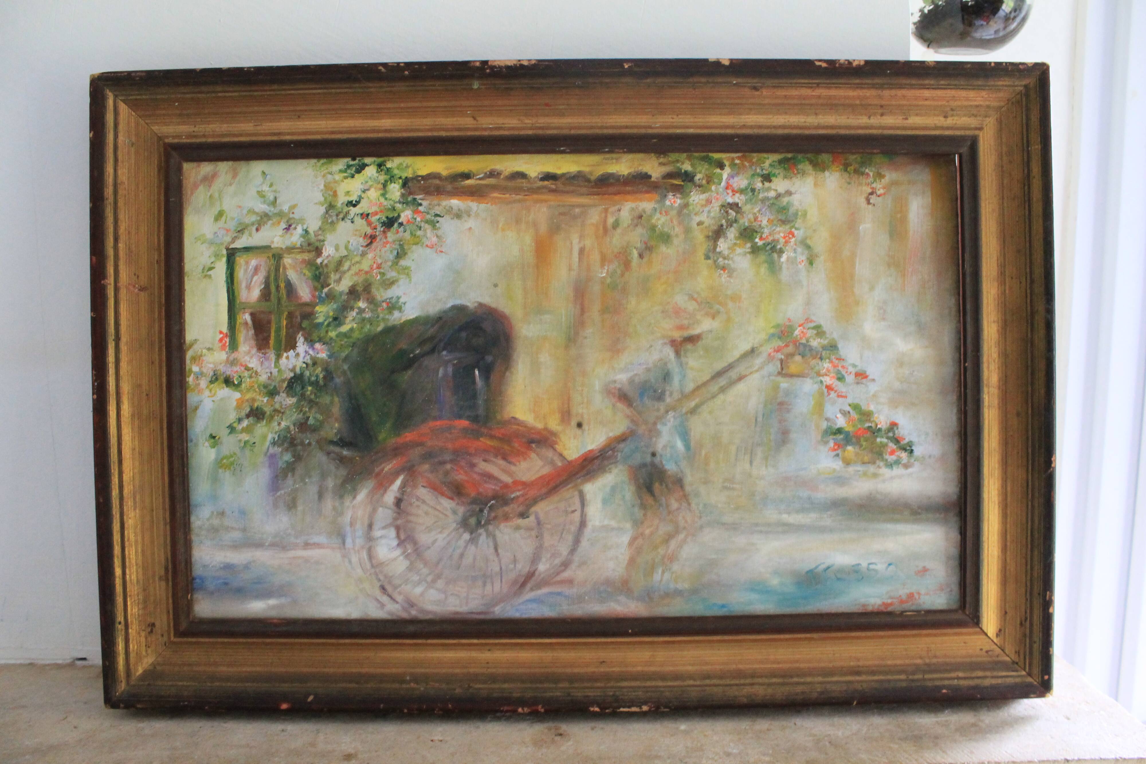 Oil on canvas signed F. Fosso, depicting a man pulling a cart.