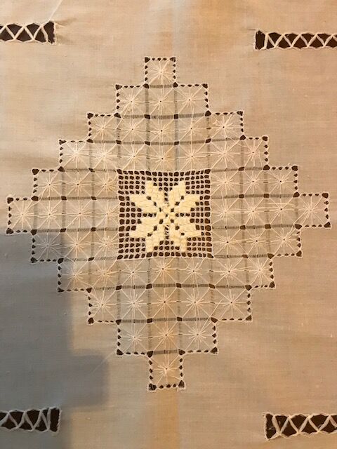 OLD TABLECLOTH WITH HAND EMBROIDERY--DAY SCALE WORKS IN V