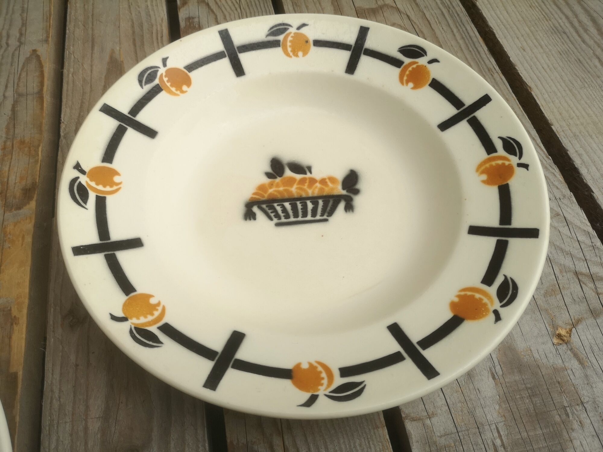 Set of 2 ceramic soup plates décor basket apricots signed Badonviller