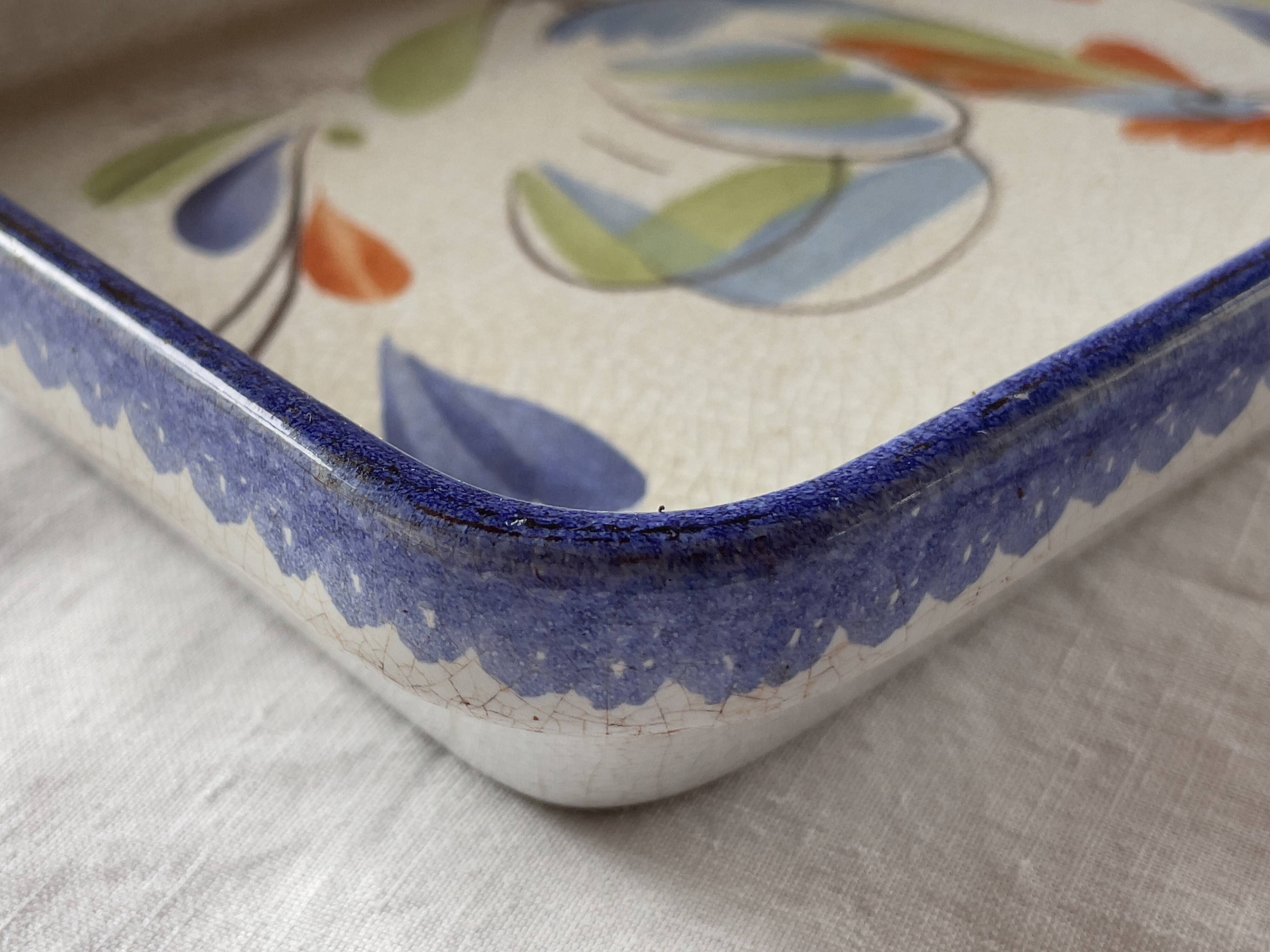 Antique and rare emile henry oven dish with hb henriot quimper decoration 1950