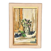 Huile sur toile originale suédoise – « Nature morte avec des fleurs et des raisins » par Aldo Altomare – vintage et encadrée – 64 × 46 cm (25,2" × 18,1")