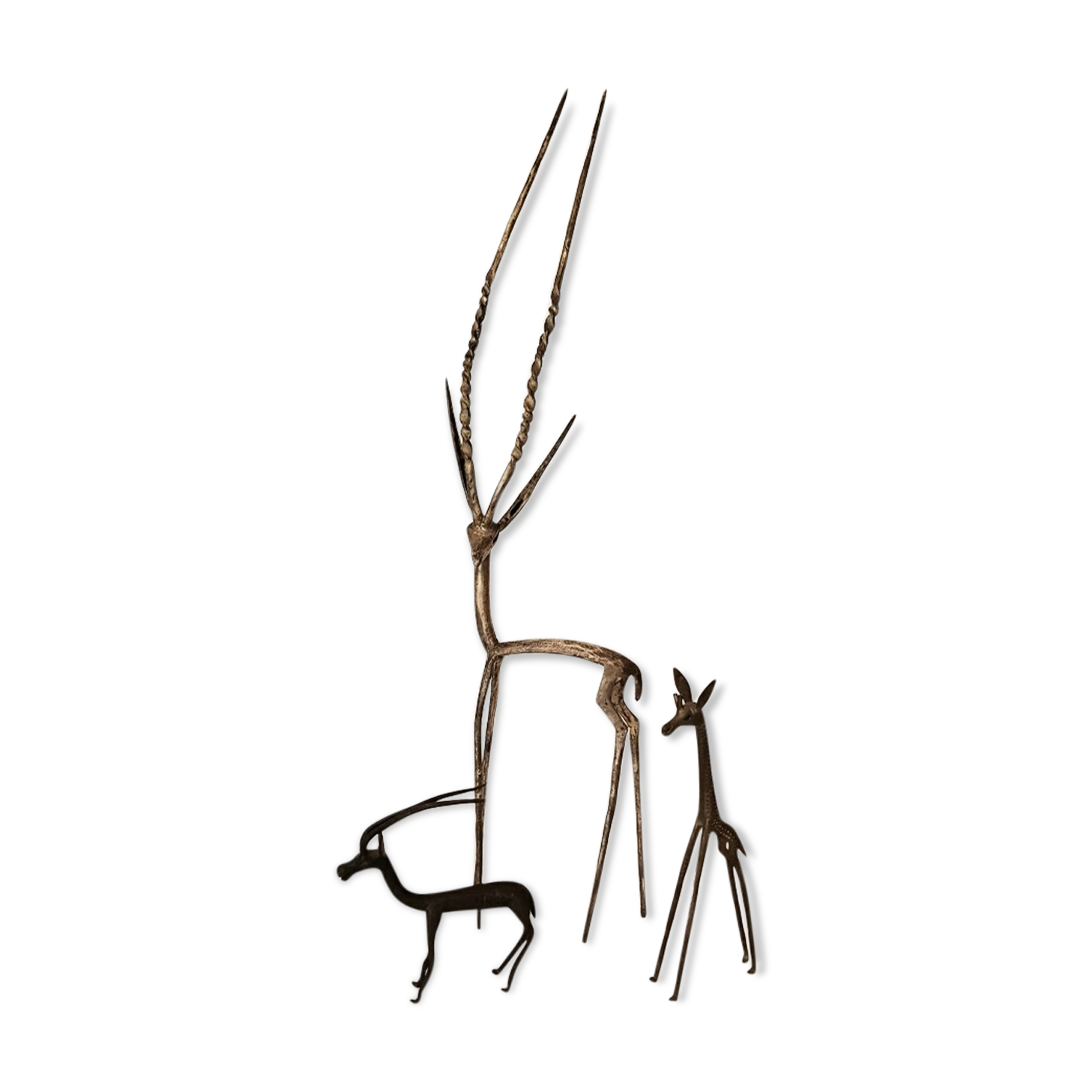 Trio antelope, gazelle and giraffe bronze and brass