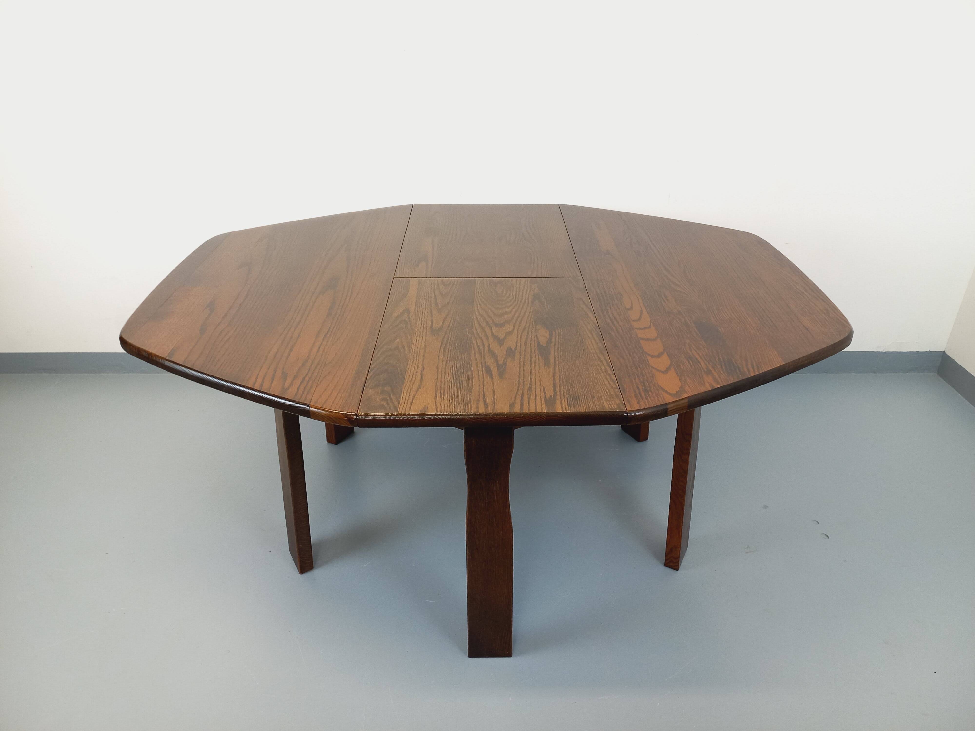 Vintage brutalist hexagonal dining table made of oak from the 1950s.