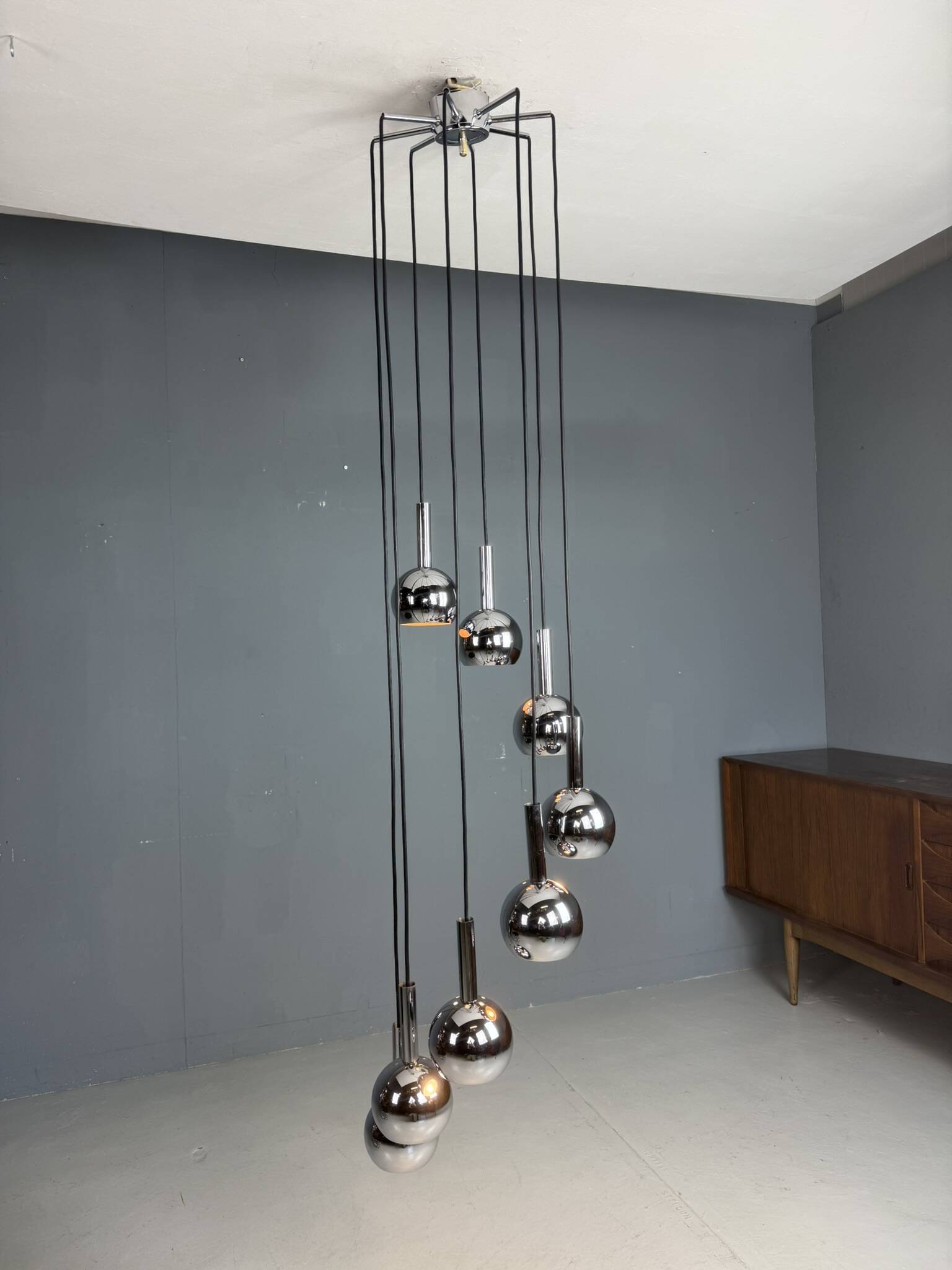 Chandelier cascade Wortmann & Filz chrome, époque spatiale des années 1970