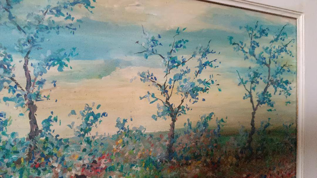 Peinture à l'huile sur panneau paysage campagne prairie fleurie signée