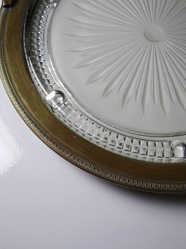 Plateau à poignées verre moulé et laiton Verlys ancien Art Déco 1930-1940