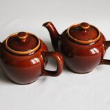 2 brown glazed ceramic teapots
