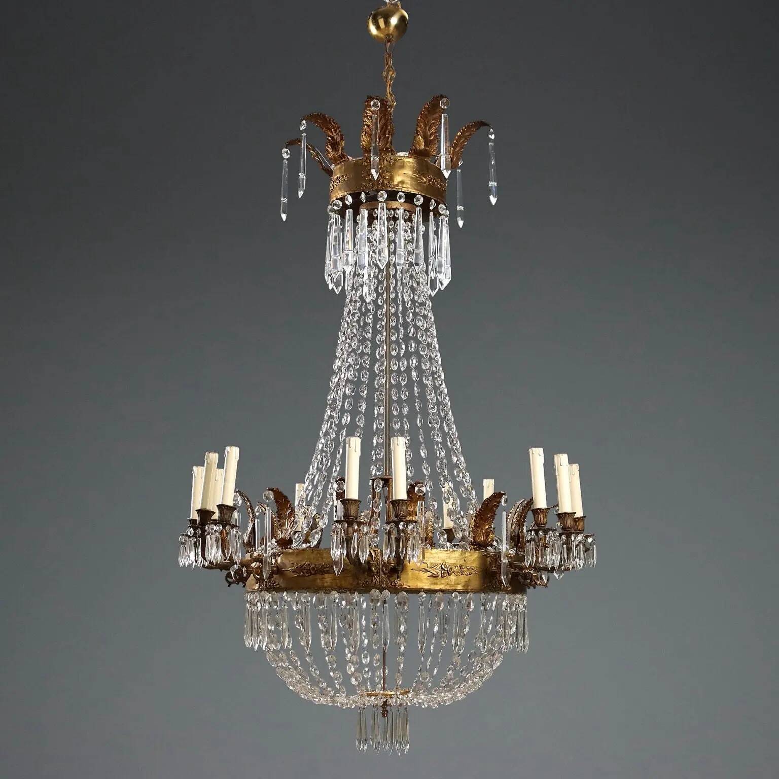 Lustre ancien en forme de ballon en métal doré et verre, XIXe siècle