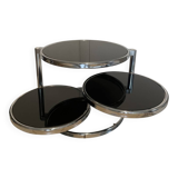 Coffee table with 3 chrome and smoked glass tops.