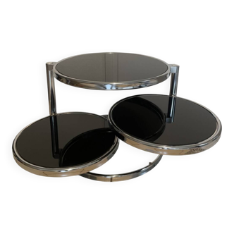 Coffee table with 3 chrome and smoked glass tops.