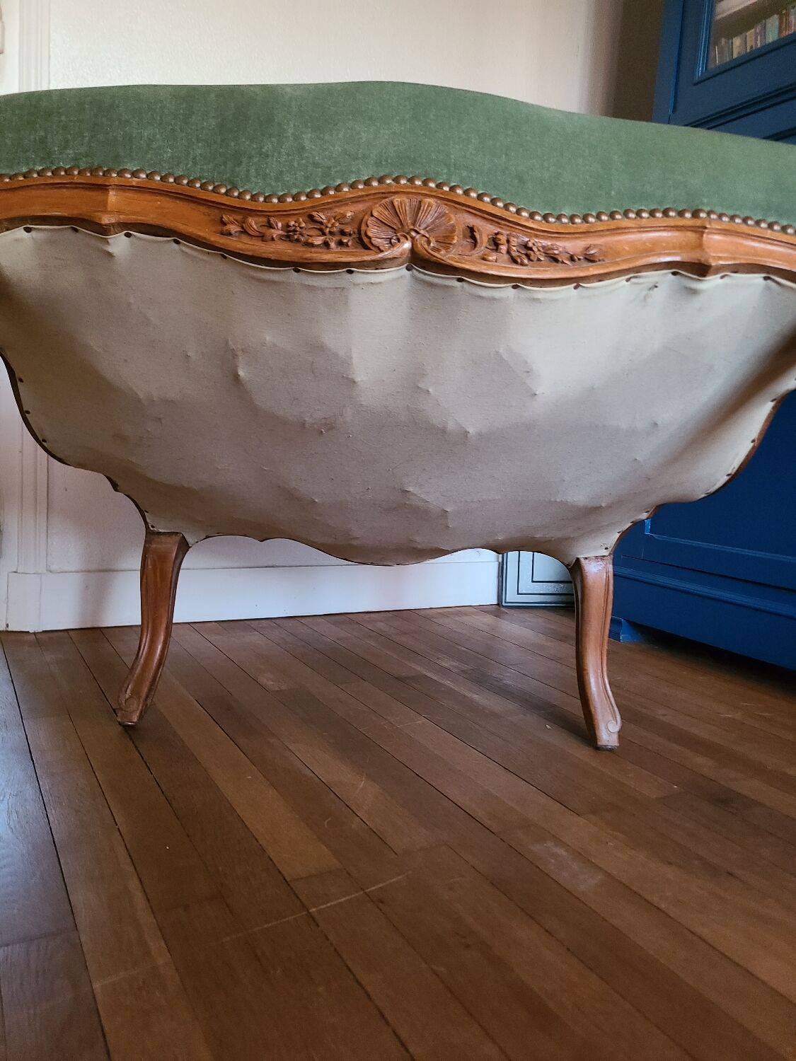 Vintage Louis XV style wing chair, light green velvet