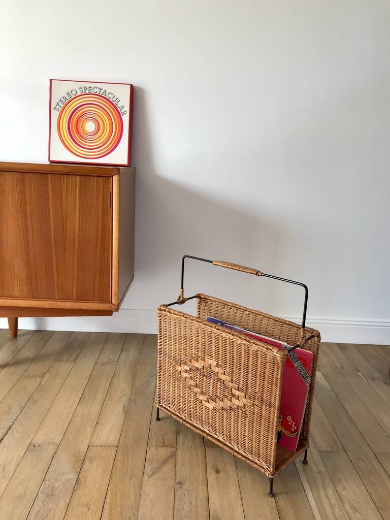 large wicker / rattan and black iron magazine rack from the 70s