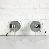 Pair of space age table lamps, chrome sphere and plexiglass, 70s