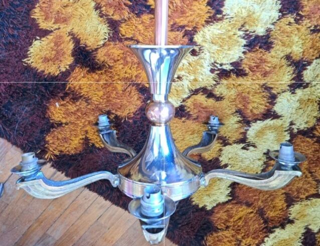 Chandelier 5 pink globes nickel, copper art deco 1950