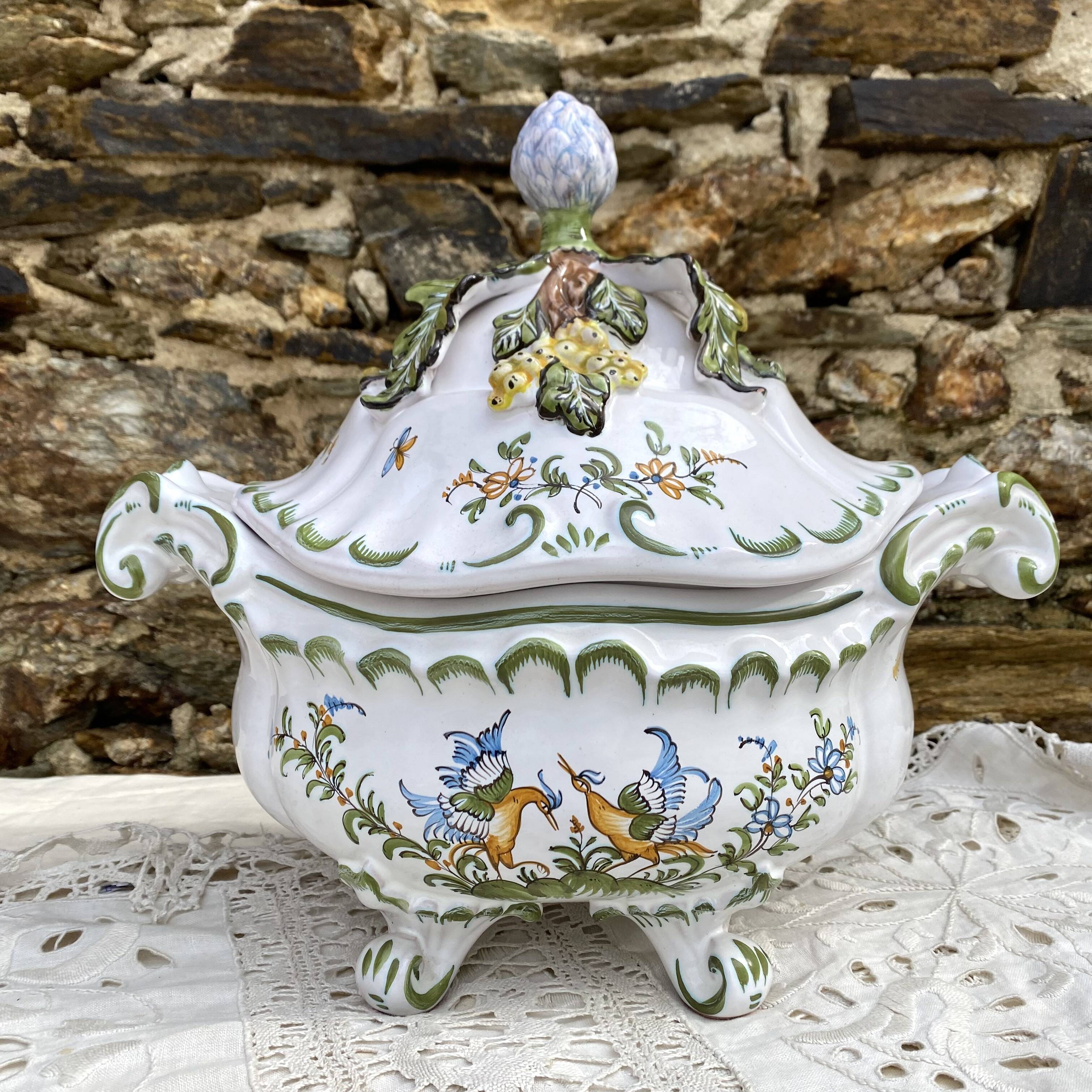 Hand-decorated earthenware soup tureen, Lallier Pottery