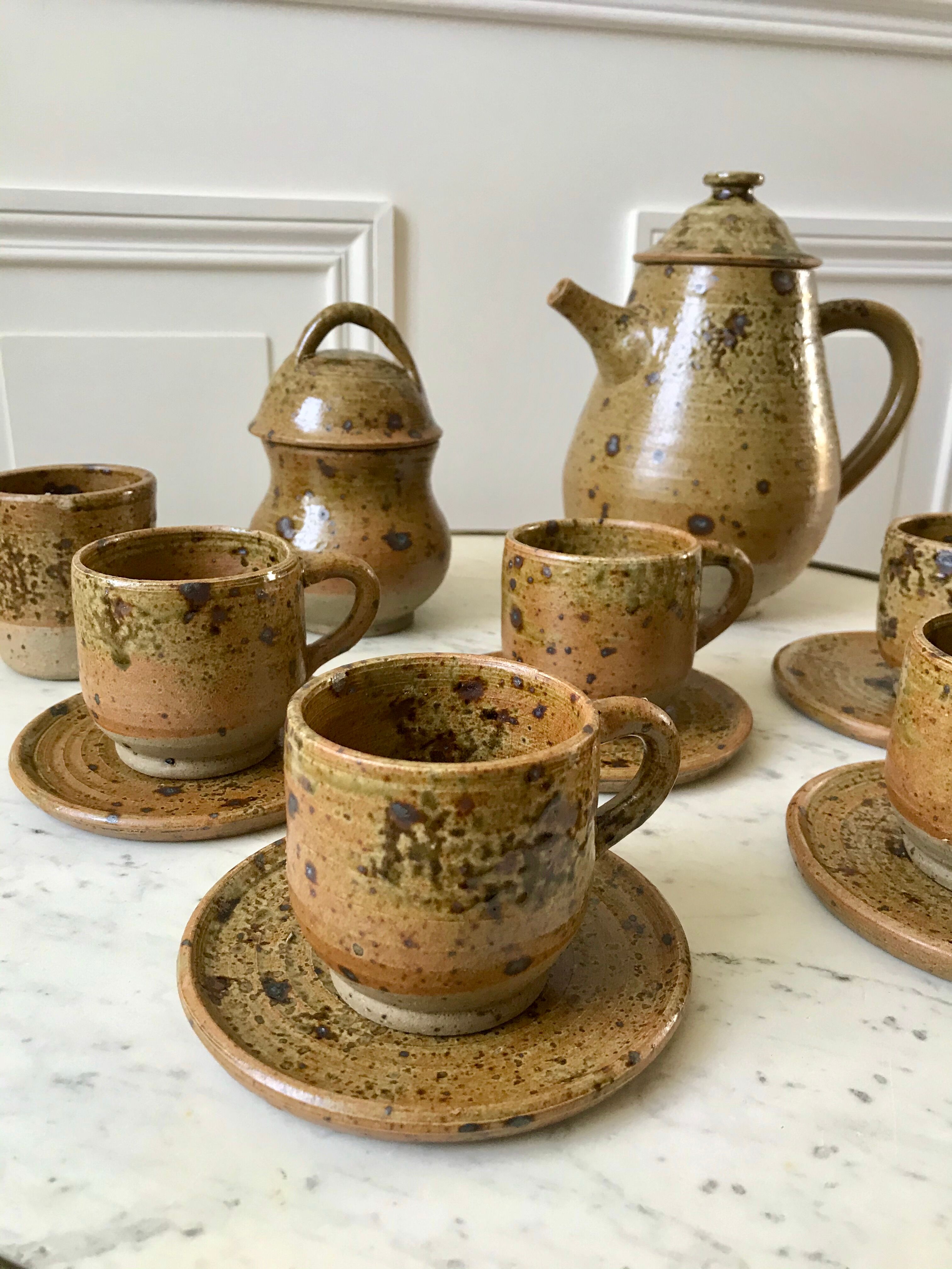 coffee service 6 cups and saucers, teapot and sugar bowl in ceramic / pottery / stoneware years 50-6