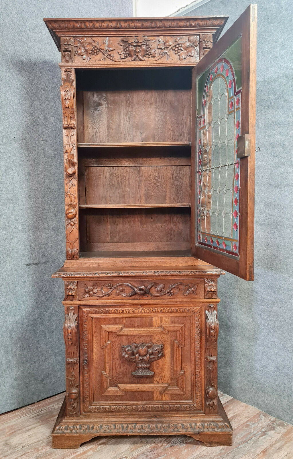Renaissance library cabinet of hunting lodge in solid oak around 1850