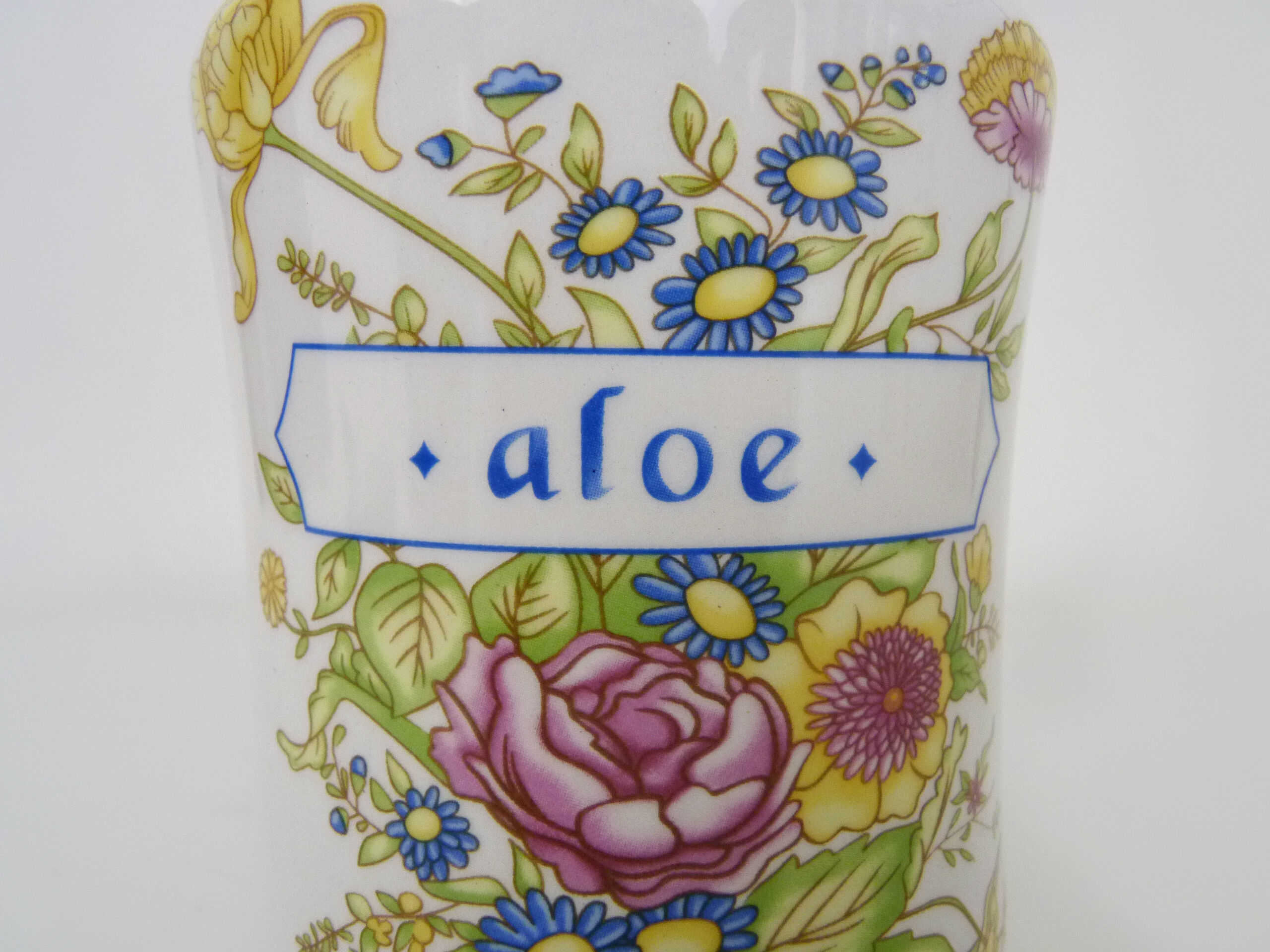 Old apothecary pot, ceramic Aloe medicine jar. Year 70 80