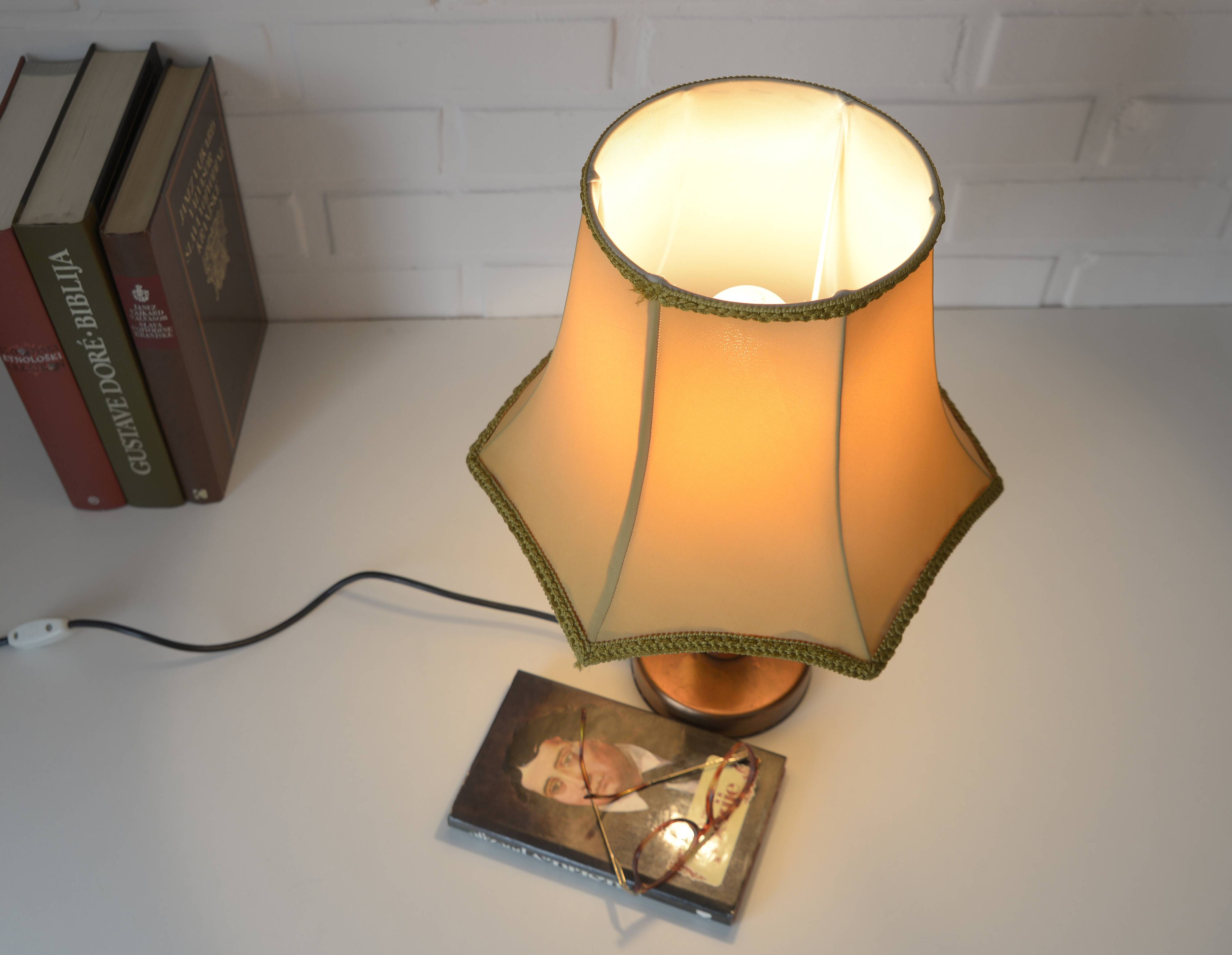 Large Vintage Bedside Lamp / French Style Table Light / Gold Textile Shade