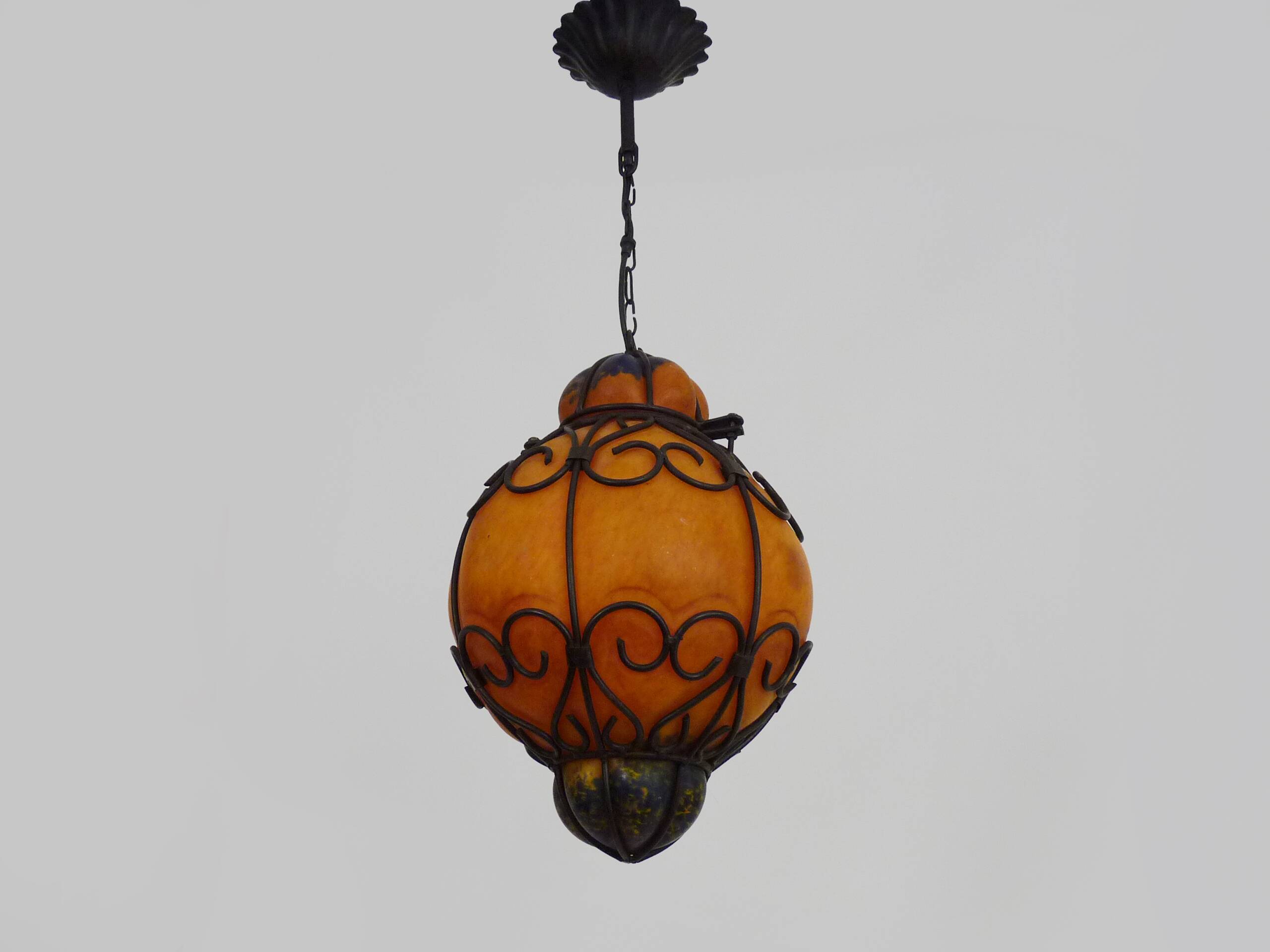 Venetian cage lantern suspension in orange and blue glass paste. Venetian lantern