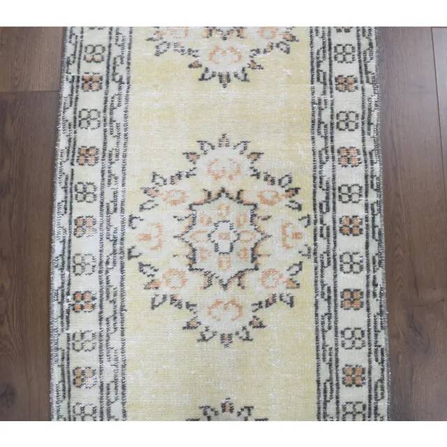 Vintage Turkish Oushak handmade wool cotton yellow runner rug 78x328