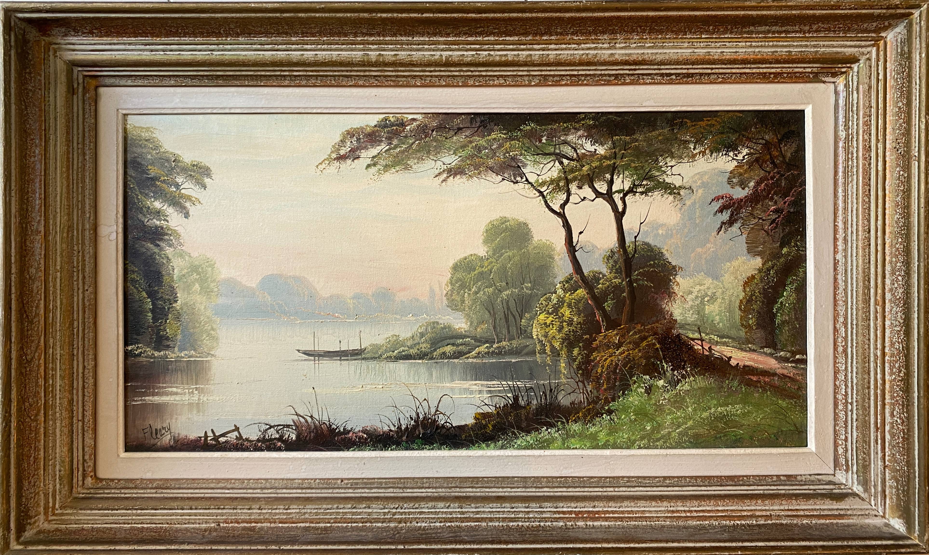 Painting "Landscape with wooded pond" HST signed Fleury + frame