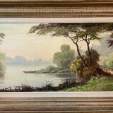 Painting "Landscape with wooded pond" HST signed Fleury + frame