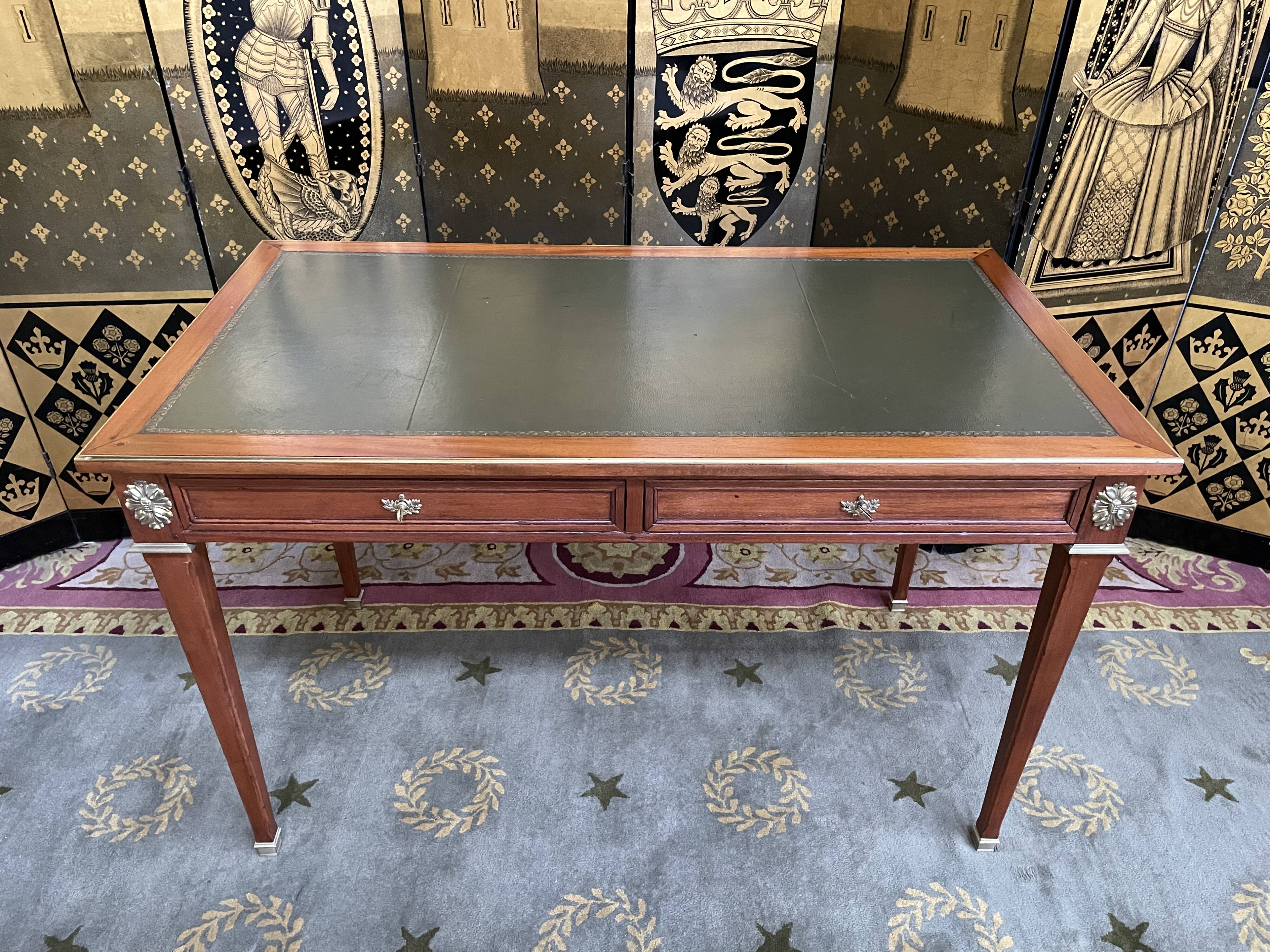Flat desk in mahogany and leather style Louis XVI restored