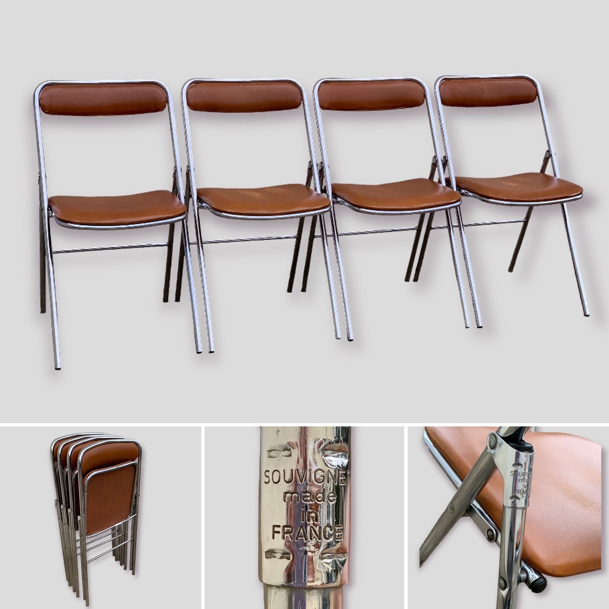 4 folding chairs chromed metal and Skaï fawn 1970