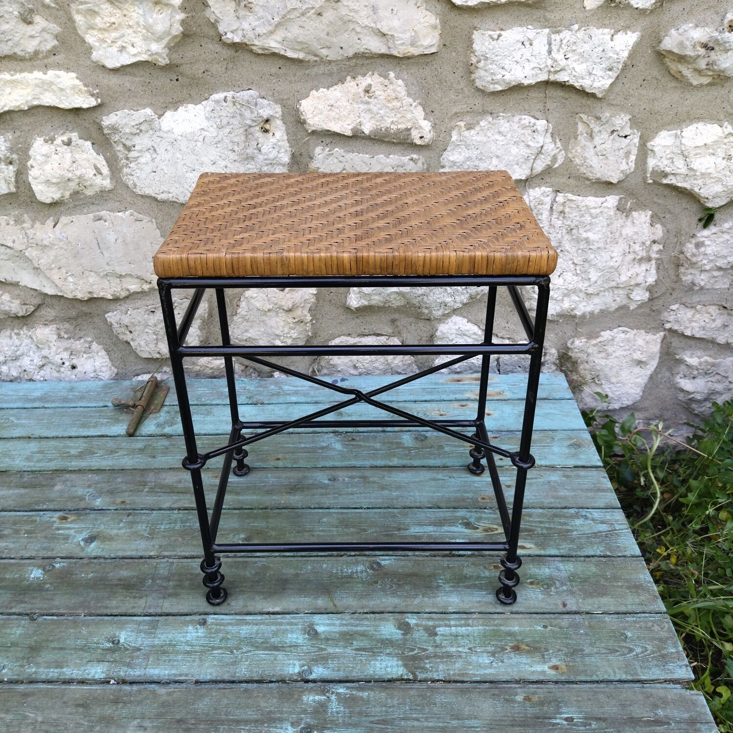Bout de canapé tabouret rotin fer forgé années 50
