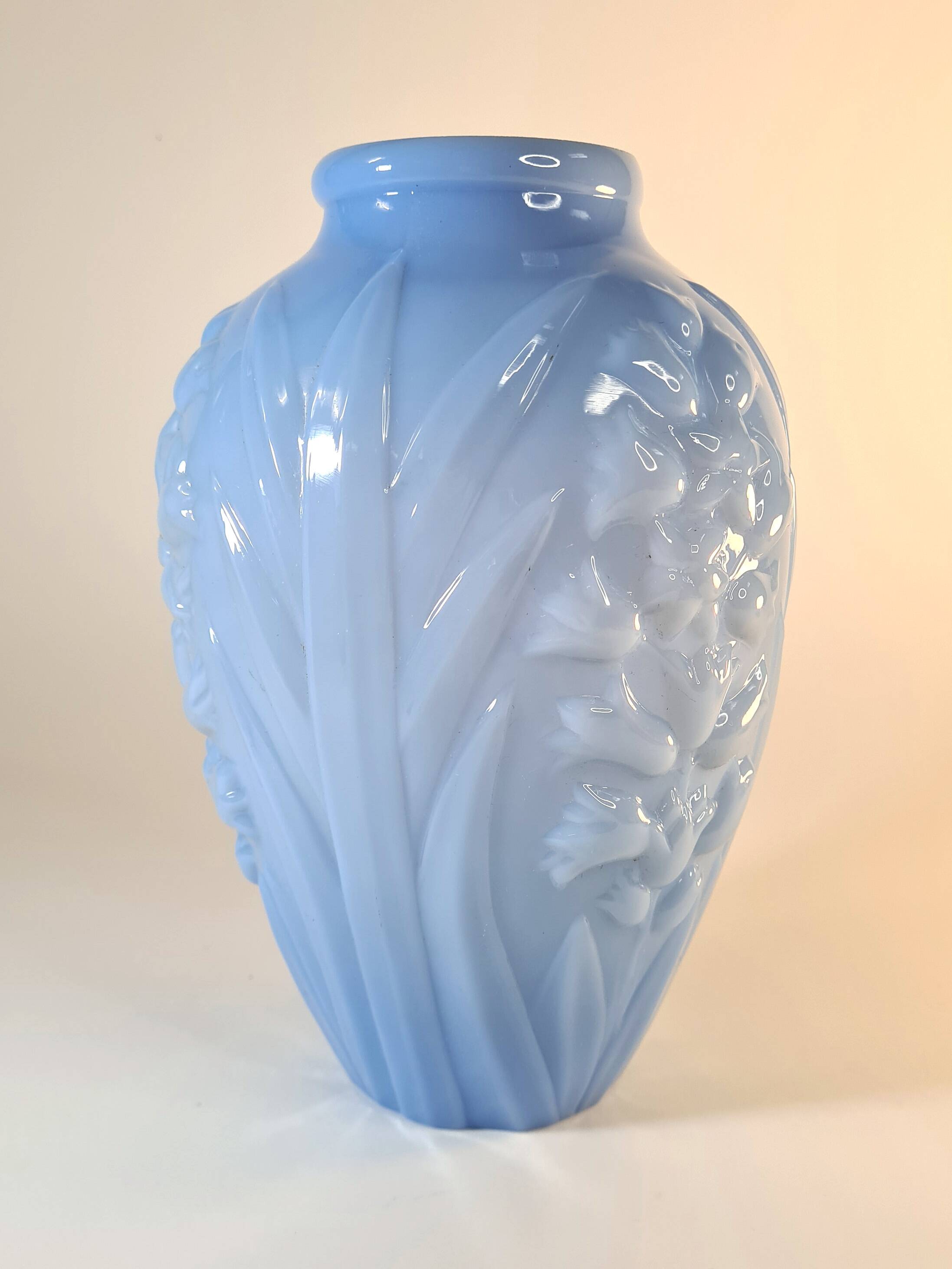 Art Deco opaline blue vase – Flowers in relief