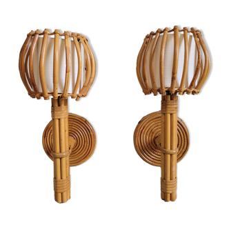 Pair of Louis Sognot rattan wall lamps