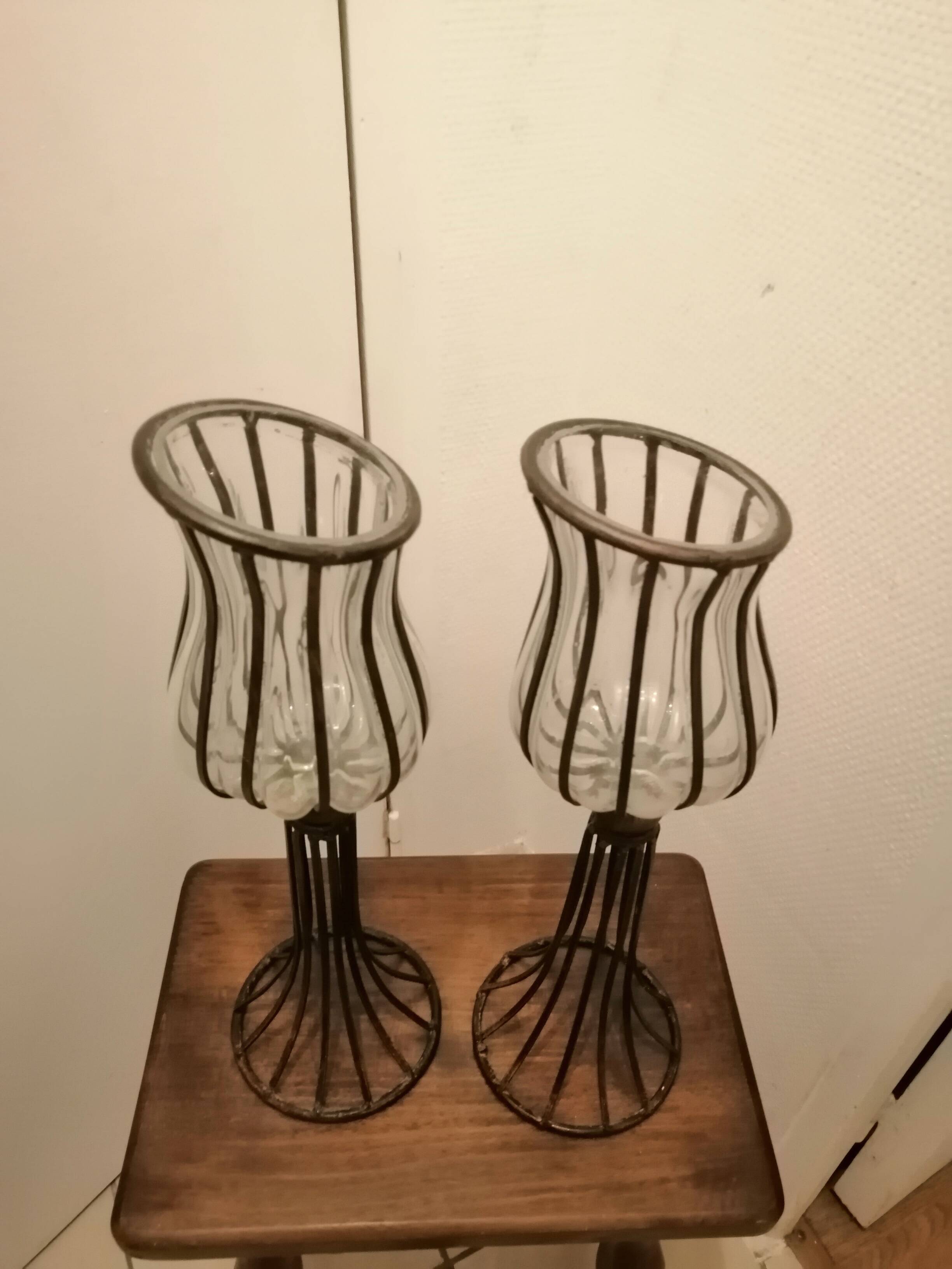 Pair of vintage/retro glass and metal vases