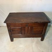 Rustic antique oak chest, original fittings and moulded panels.