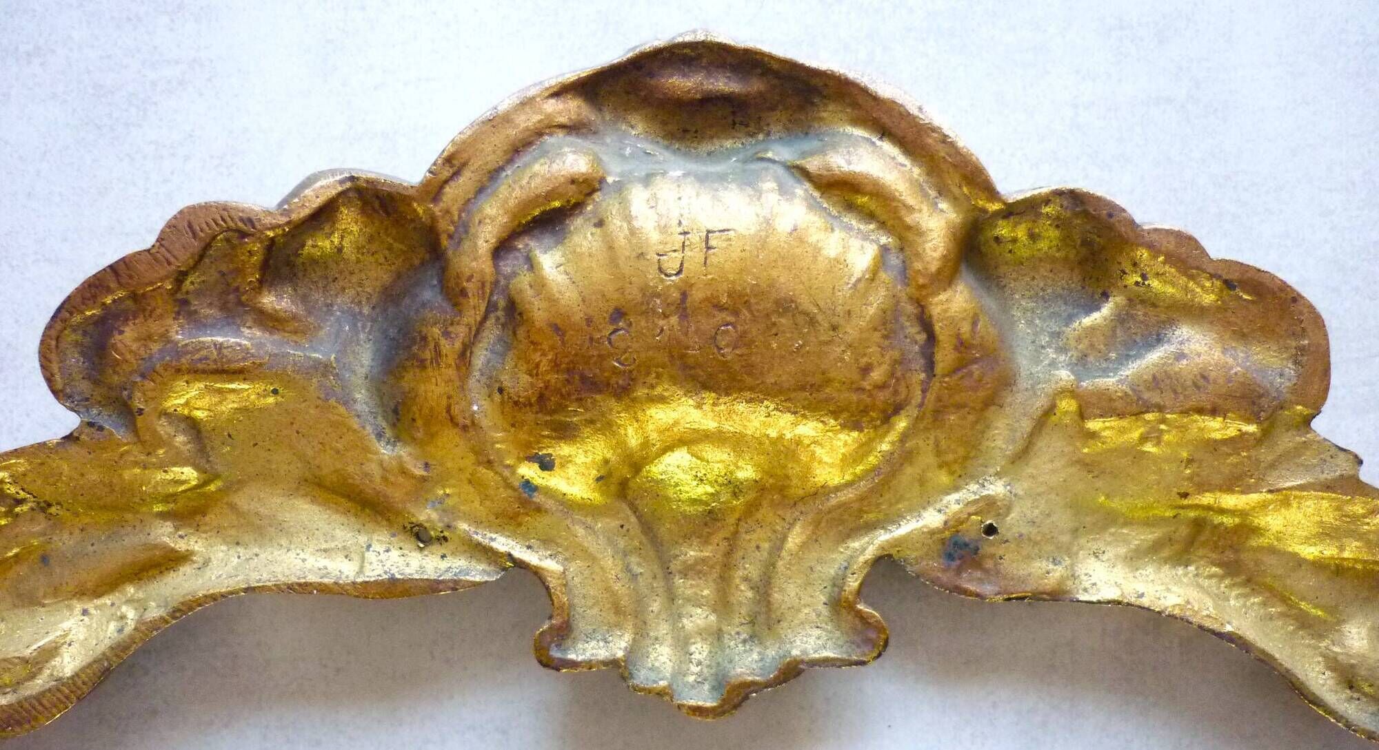 Antique gilt bronze pediment, furniture decoration, mirror, signed JF