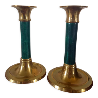 Pair of brass and wood torch candle holders